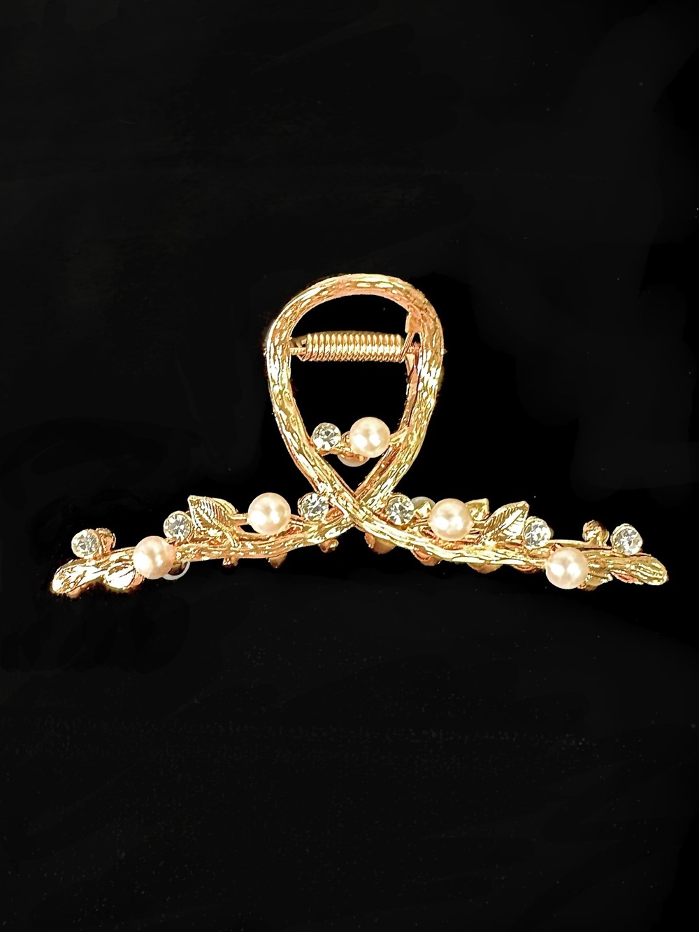Gold Tone Rhinestone and Pearl Blossom Hair Clip